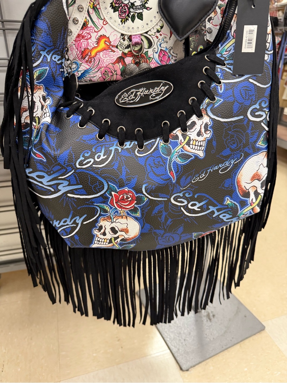 Ed Hardy Black Shoulder Bag with Blue Rose & Skull Print and Fringe